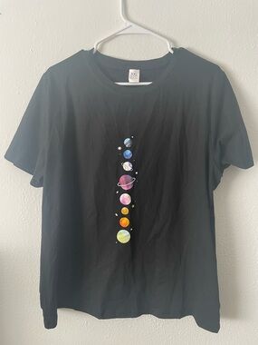 SHEIN Black Short Sleeve Tee with Colorful Planet Graphic